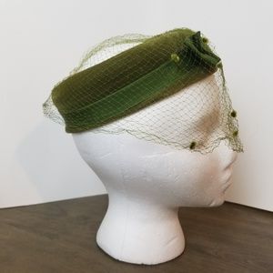 Vintage Handmade Velvet Green Hat with Netting